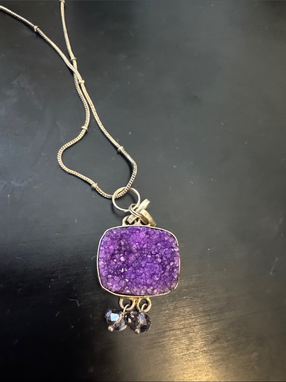 Silver Necklace with Amethyst Druzy Pendant and Glass Beads 20” Length
